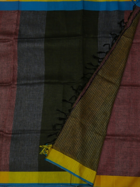 Pothys Brown & Black Pure Linen Colourblocked Saree