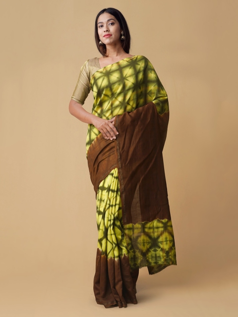 Unnati Silks Yellow & Brown Silk Cotton Checked Handloom Chanderi Saree