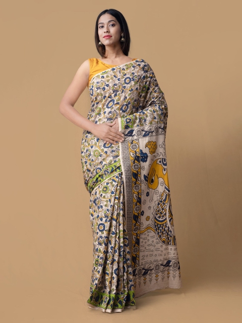 Unnati Silks Cream-Coloured & Blue Pure Cotton Printed Saree