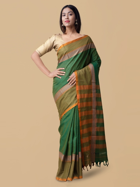 Unnati Silks Green & Orange Pure Cotton Striped Narayan Peth Saree