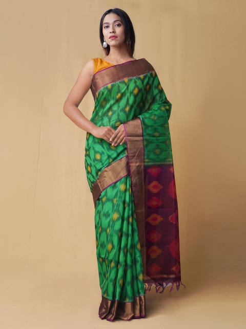 Unnati Silks Green & Pink Silk Cotton Woven Design Pochampally Saree