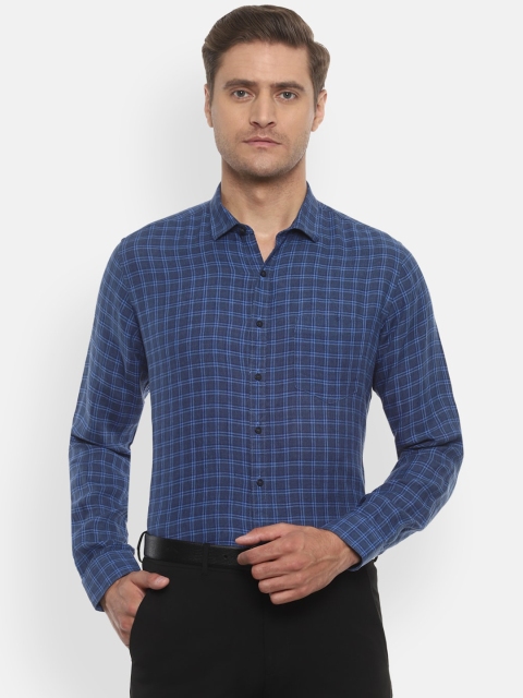 Van Heusen Men Blue Slim Fit Checked Linen Formal Shirt