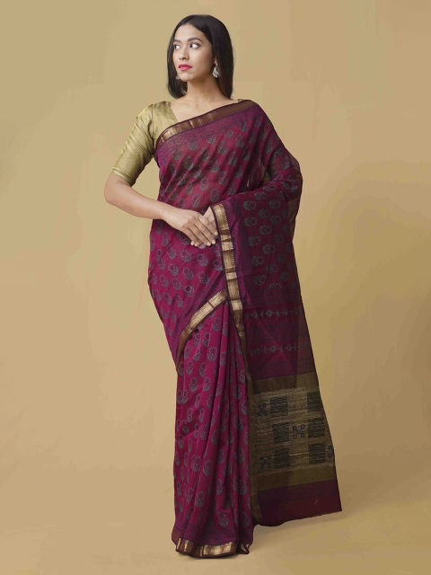 Unnati Silks Purple Silk Cotton Printed Maheshwari Saree