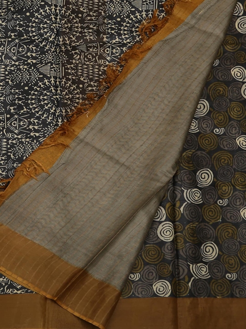 Pothys Grey Printed Jute Silk Saree