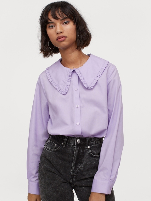 H&M Women Purple Solid Wide-Collared Shirt