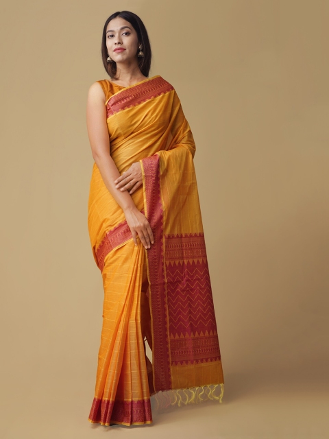 Unnati Silks Orange & Red Pure Cotton Woven Design Kanjeevaram Saree