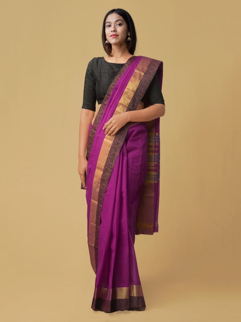 Unnati Silks Pink & Gold-Toned Pure Cotton Solid Chettinad Saree