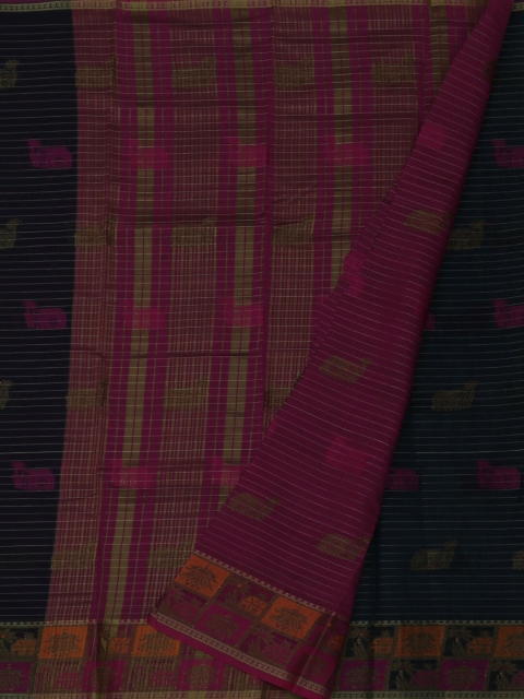 Pothys Navy Blue & Magenta Cotton Blend Woven Design Saree