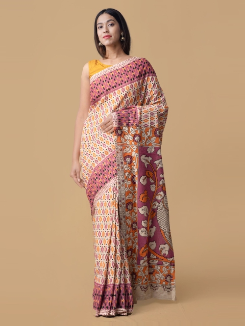Unnati Silks Cream-Coloured Printed Handloom Pure Cotton Saree