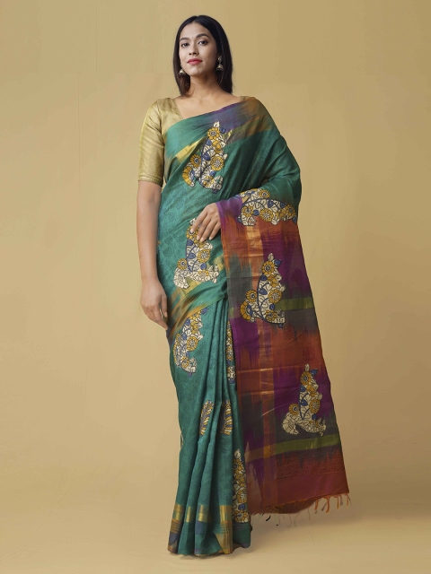 Unnati Silks Green & Pink Silk Cotton Embroidered Pochampally Saree