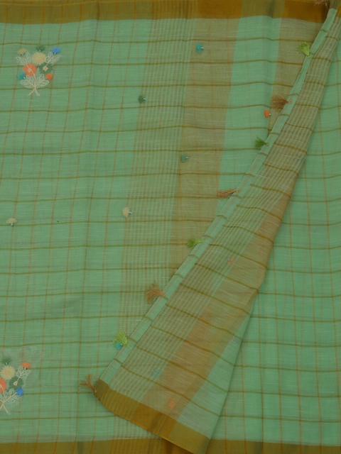 Pothys Green & Gold-Toned Linen Blend Checked Saree