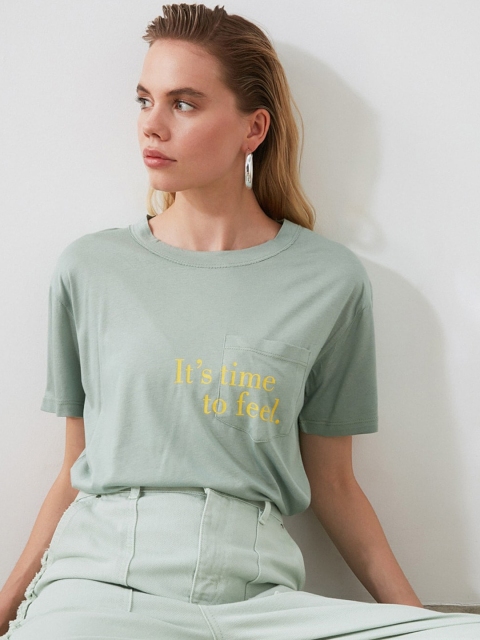 TRENDYOL COLLECTION Women Sea Green Solid Round Neck T-Shirt