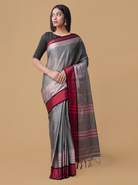 Unnati Silks Grey Pure Cotton Solid Handloom Narayan Peth Saree