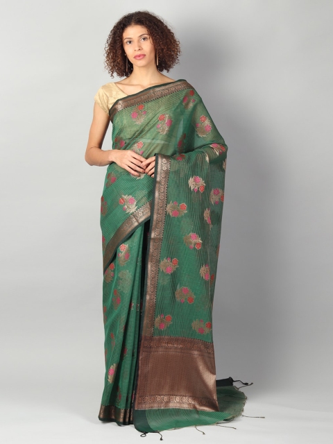 EthnicRoom Green & Brown Jute Silk Woven Design Banarasi Saree