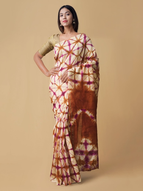 Unnati Silks Cream-Coloured & Brown Silk Cotton Checked Chanderi Saree