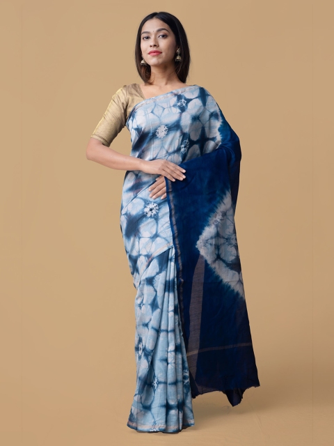 Unnati Silks Navy Blue & White Silk Cotton Dyed Chanderi Saree