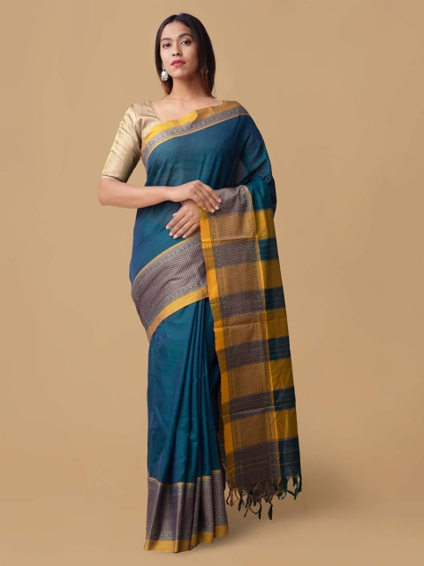 Unnati Silks Blue Pure Cotton Solid Handloom Narayan Peth Saree