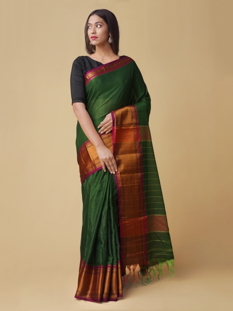 Unnati Silks Green Pure Cotton Solid Handloom Narayan Peth Saree