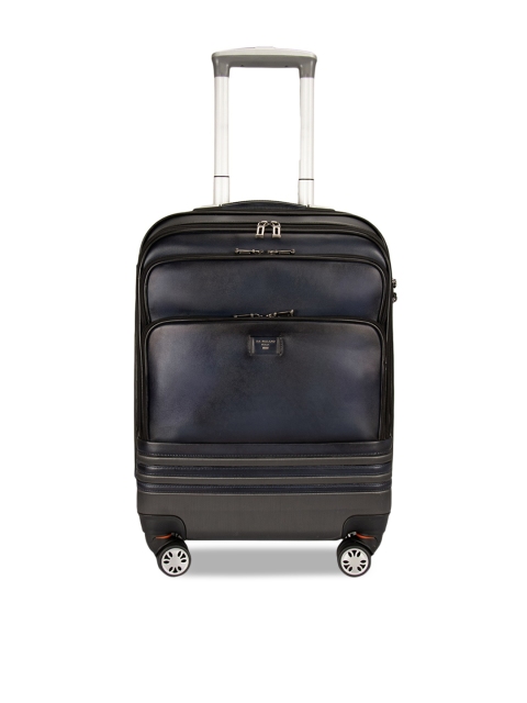 Da Milano Unisex Navy Solid Leather Medium Trolley Bag, Navy blue