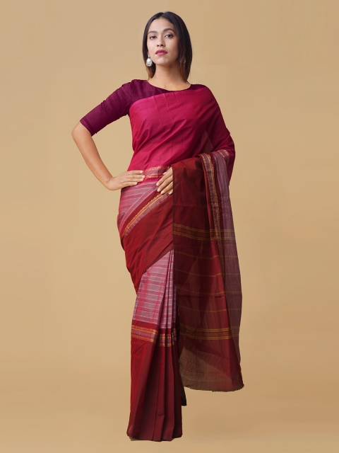 Unnati Silks Red & Purple Pure Cotton Solid Chettinad Saree