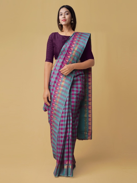 Unnati Silks Pink & Blue Pure Cotton Checked Chettinad Saree
