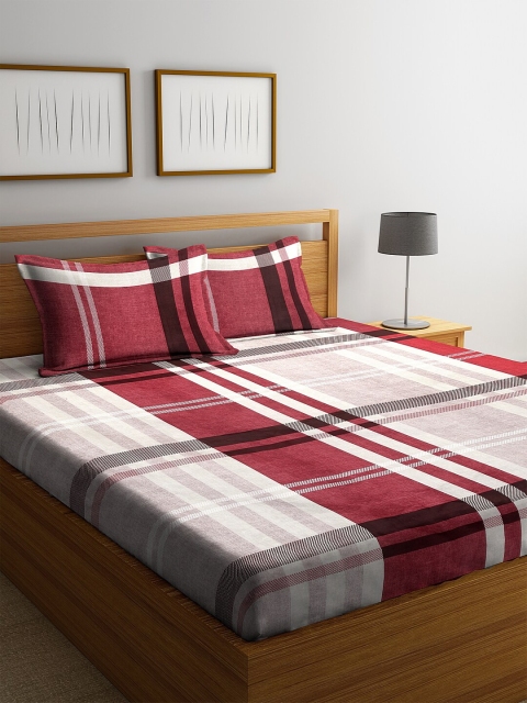 NEUDIS Grey & Red Geometric 180 TC Cotton 1 King Bedsheet with 2 Pillow Covers