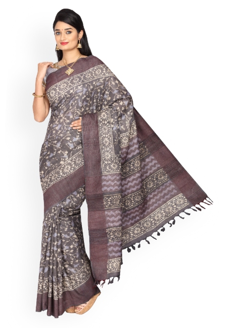 Vijayalakshmi Silks Grey Pure Silk Printed Tussar Saree