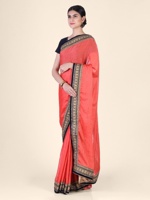 Hastakala Coral Pink & Purple Pure Georgette Striped Saree