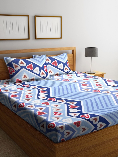 NEUDIS Blue Floral 180 TC Cotton 1 King Bedsheet with 2 Pillow Covers