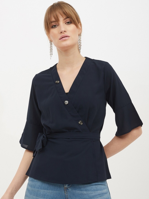 Harpa Women Navy Blue Solid Wrap Top