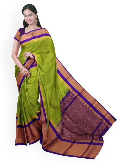 APCO Green & Navy Blue Silk Cotton Checked Chirala Sustainable Saree