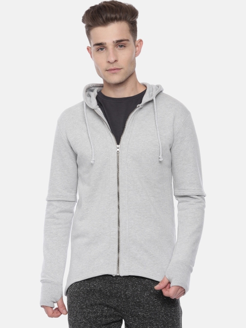 Breakbounce Men Grey Melange Solid Hooded Sweatshirt