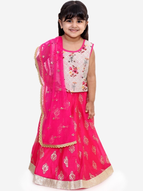 Lil Peacock Girls Cream & Fuchsia Printed Ready to Wear Lehenga & Blouse with Dupatta