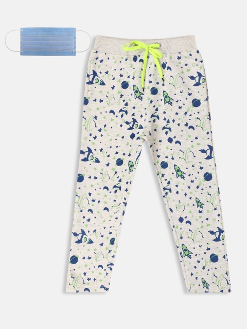 Lil Tomatoes Boys Off-White Blue Printed Straight-Fit Track Pants