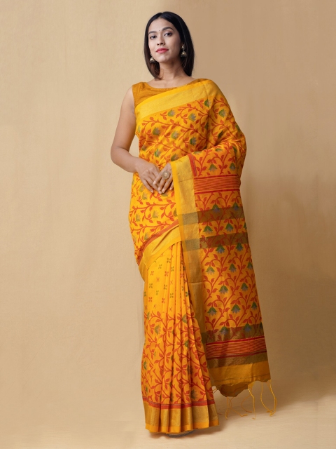 Unnati Silks Yellow & Orange Pure Cotton Woven Design Saree