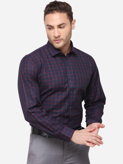 Greenfibre Men Navy Blue & Red Regular Fit Checked Formal Shirt