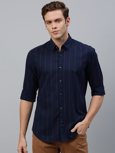 RARE RABBIT Men Navy Blue Regular Fit Striped Casual Shirt
