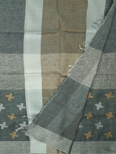 Pothys Grey & Brown Pure Linen Checked Saree