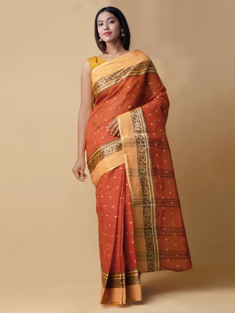 Unnati Silks Rust & Gold-Toned Pure Handloom Bengal Tant Saree