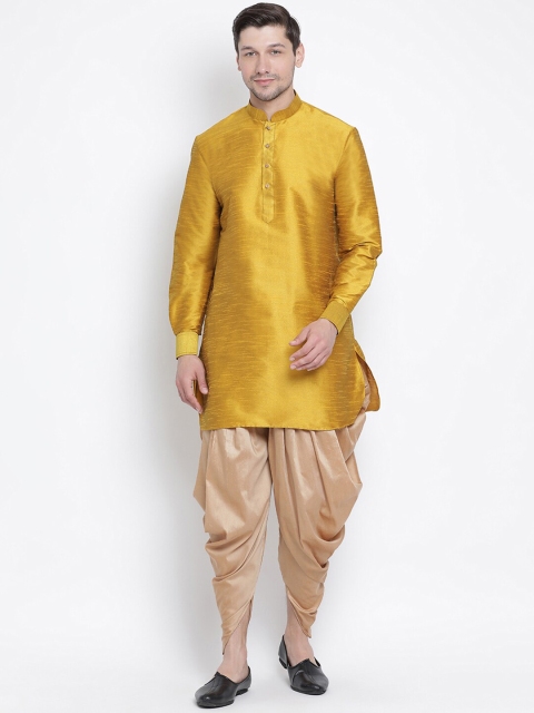 VASTRAMAY Men Mustard Yellow & Beige Solid Kurta with Dhoti Pants
