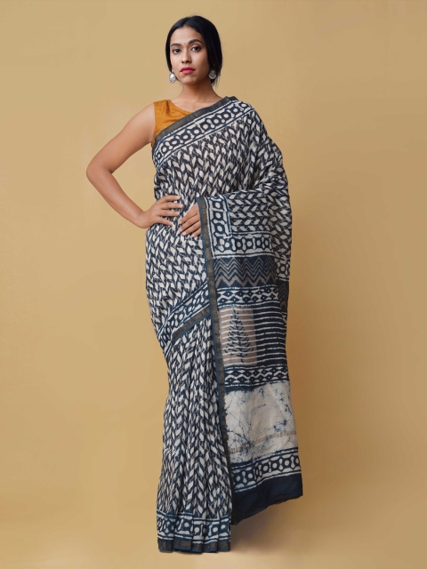Unnati Silks Blue Silk Cotton Printed Chanderi Sustainable Saree