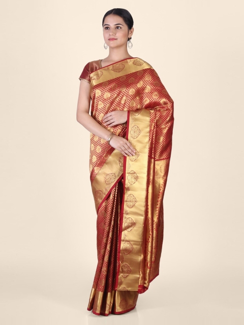KAJREE Red & Gold-Toned Handloom Brocade Woven Design Saree