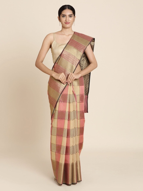 Koskii Peach-Coloured & Gold-Toned Art Silk Checked Saree