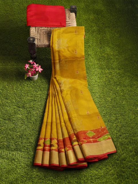 APCO Yellow & Gold-Coloured Silk Cotton Printed Saree