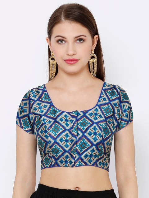 SALWAR STUDIO Women Blue & Beige Printed Readymade Saree Blouse
