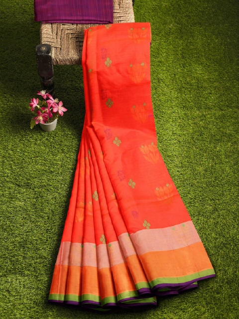 APCO Peach-Coloured & Blue Silk Cotton Woven Design Handloom Sustainable Saree