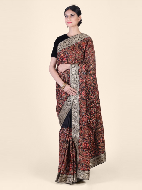 Hastakala Black & Gold-Toned Pure Georgette Embroidered Saree