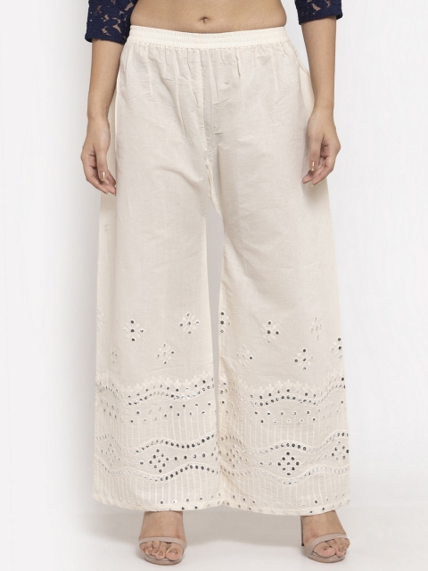 Clora Creation Women Off-White Embroidered Straight Palazzos