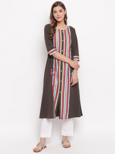 Janasya Women Brown & Red Striped A-Line Kurta