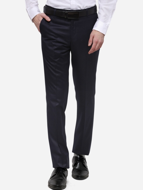 METAL Men Navy Blue Slim Fit Solid Formal Trousers
